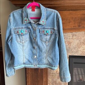 V Cristina denim jean jacket turquoise & red embellishments western cowgirl XL